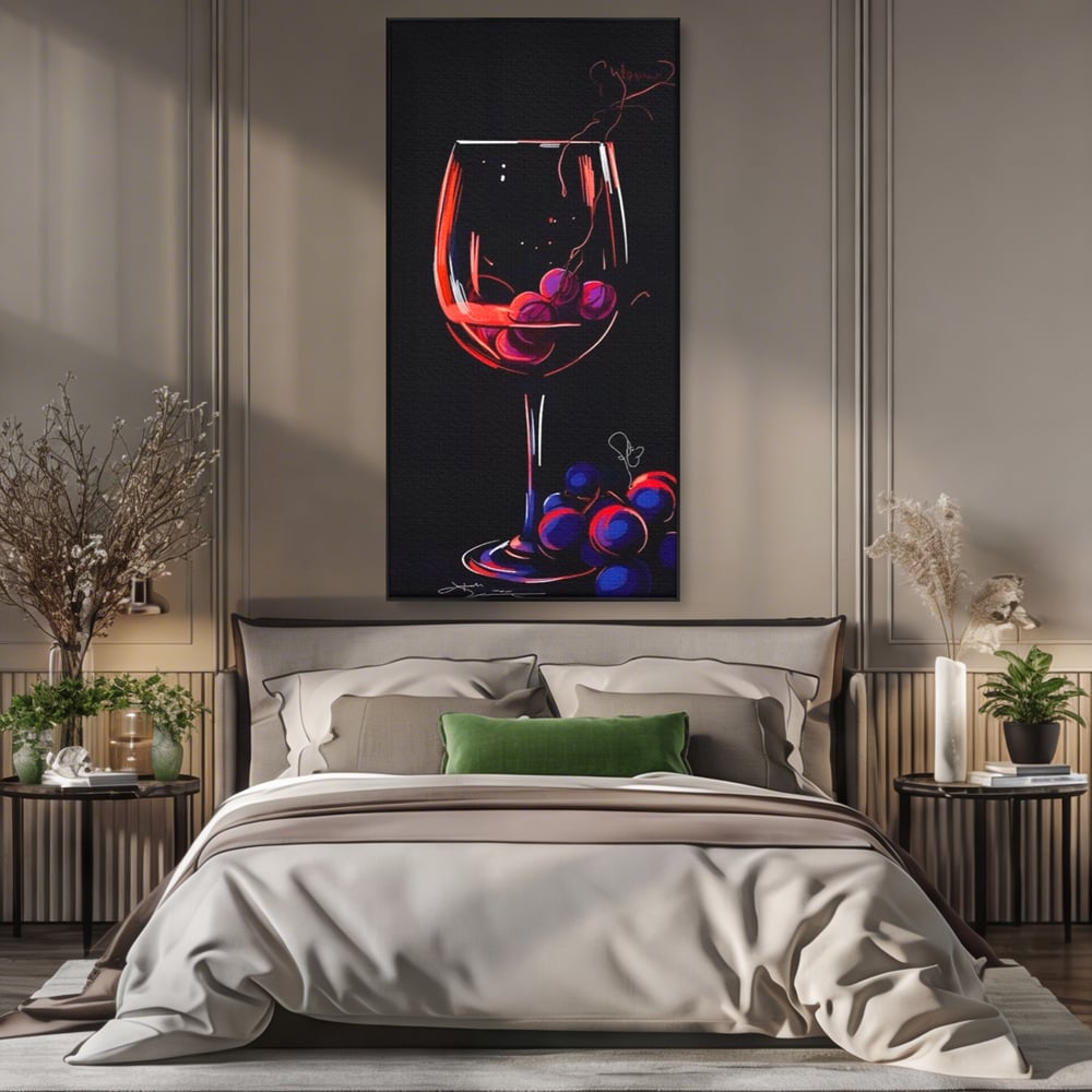 Tablou canvas cu tablou canvas cu pahar de vin si struguri, in rama de aluminiu negru, pe perete intr-un dormitor